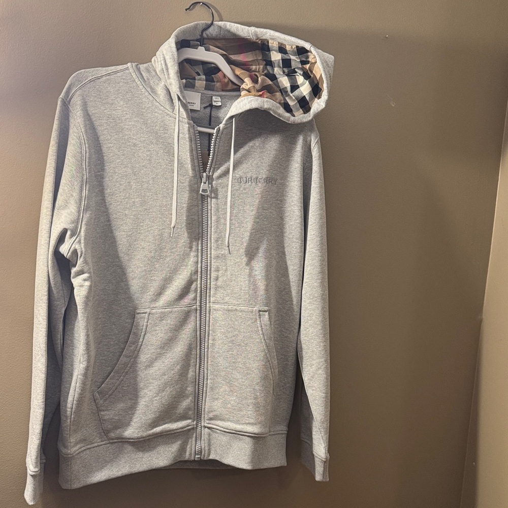 Burberry Light Gray Hoodie with Plaid Accent